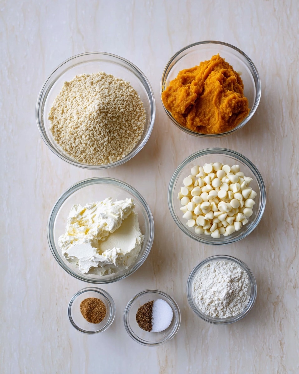 The image shows seven clear glass bowls of different sizes arranged on a white marbled surface. The top left bowl holds a large pile of light beige dry breadcrumbs with a coarse texture. To the right, a medium bowl contains smooth bright orange pumpkin puree. Below it is another medium bowl filled with small off-white chocolate chips. On the bottom left, a large bowl holds thick white cream cheese with a soft, creamy texture. Between these bowls, there are three small bowls arranged vertically; the top one has a small amount of light brown ground spice, the middle one contains a dark brown ground spice, and the bottom one holds white powder, likely baking powder or flour. The overall setup is neat and well spaced, with natural lighting and no other objects visible photo taken with an iphone --ar 4:5 --v 7