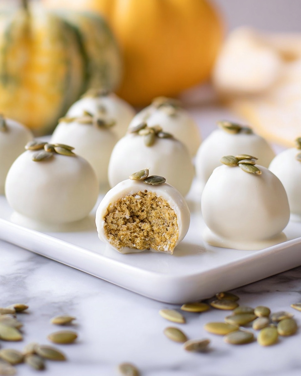 Small round balls covered in smooth white coating are placed on a white rectangular plate. There are about eight balls arranged in two rows. One ball in the front center has a bite taken out, showing a light brown, slightly crumbly inside. Each ball is topped with small green pumpkin seeds. Around the plate, some more green pumpkin seeds are scattered on a white marbled surface. In the background, there is a blurred yellow and green pumpkin. The lighting is soft and natural. Photo taken with an iphone --ar 4:5 --v 7