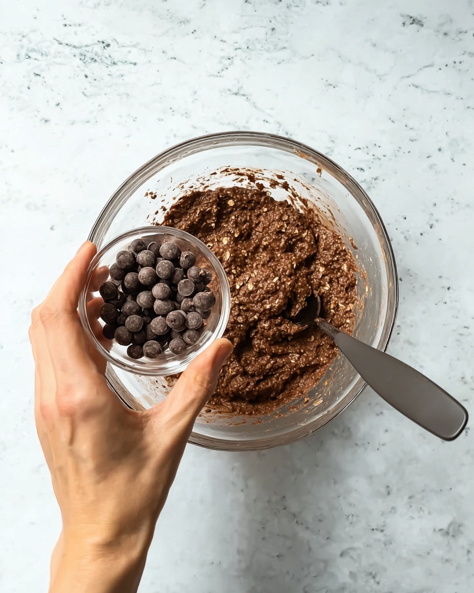 A woman's hand is holding a small clear glass filled with round dark chocolate pieces above a large clear glass bowl containing a thick and coarse chocolate batter with visible oat pieces. Inside the bowl, there is a dark gray spoon resting on the right side, partly submerged in the mixture. The scene is set on a white marbled textured surface, and the lighting makes the textures and colors clear and natural. photo taken with an iphone --ar 4:5 --v 7
