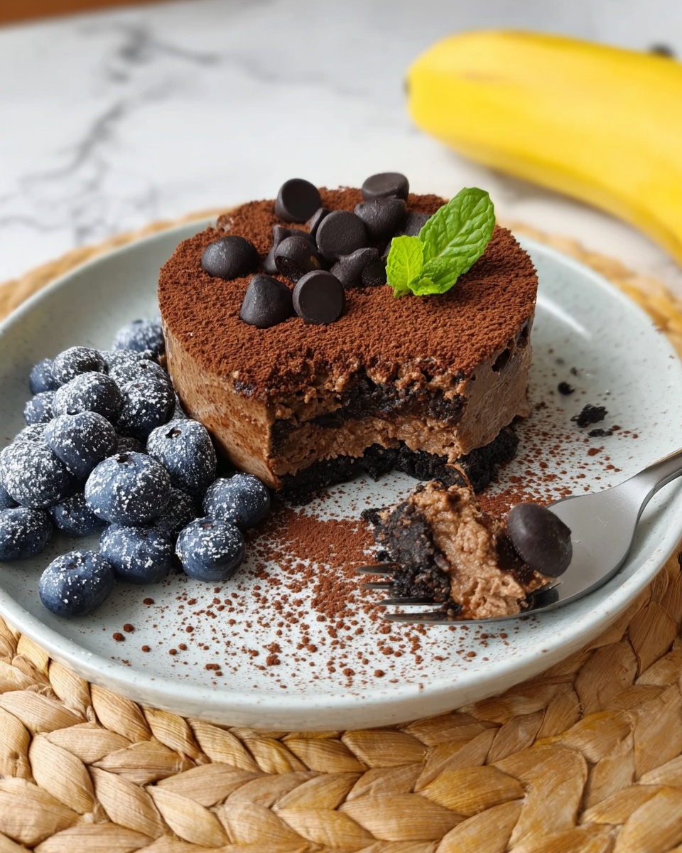 A round chocolate dessert with a soft, chunky texture sits on a white plate with visible layers of dark chocolate and crumbs. The top is dusted with cocoa powder and decorated with several dark chocolate chips. A green mint leaf adds a fresh touch on the side. Next to the dessert, a cluster of fresh blueberries also dusted lightly with cocoa powder contrasts with the rich brown color. A fork with a bite-sized piece of the dessert and one blueberry is placed on the plate. In the background, there is a yellow banana and the plate is placed on a woven mat over a white marbled texture surface. Photo taken with an iphone --ar 4:5 --v 7