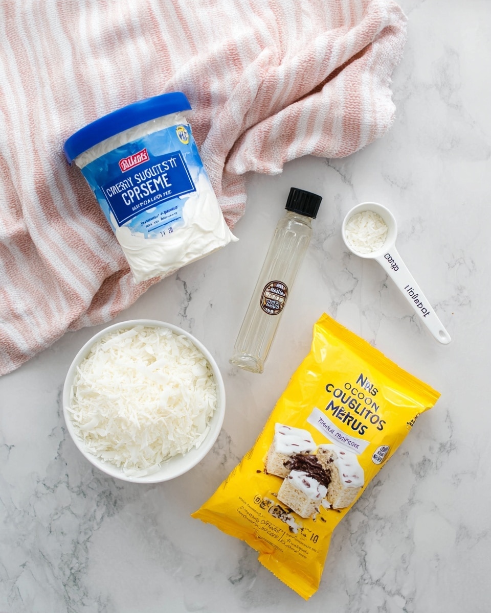 The image shows a white marbled surface with a soft pink and white striped cloth folded in the top left corner. On the surface, there is a blue and white container of Pillsbury Creamy Supreme White Frosting on the top left, a small clear glass bottle of Goodman's coconut extract with a black cap to the right of the frosting, and a white ceramic measuring spoon labeled