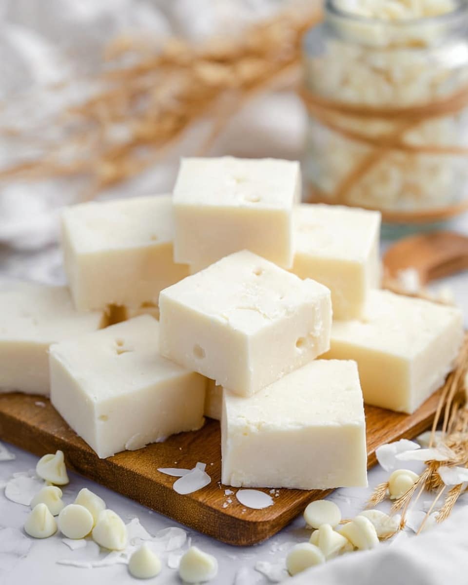 The image shows nine white fudge squares arranged in a loose pattern on a wooden board placed on a white marbled surface. The fudge squares have a smooth and creamy texture with slight small air holes visible on top. Around the fudge pieces, there are some white chocolate chips and shavings scattered on the marbled surface. In the background, there is a glass jar with a woven pattern and some natural straw. The colors are mainly soft white and beige tones, creating a clean and cozy look. photo taken with an iphone --ar 4:5 --v 7