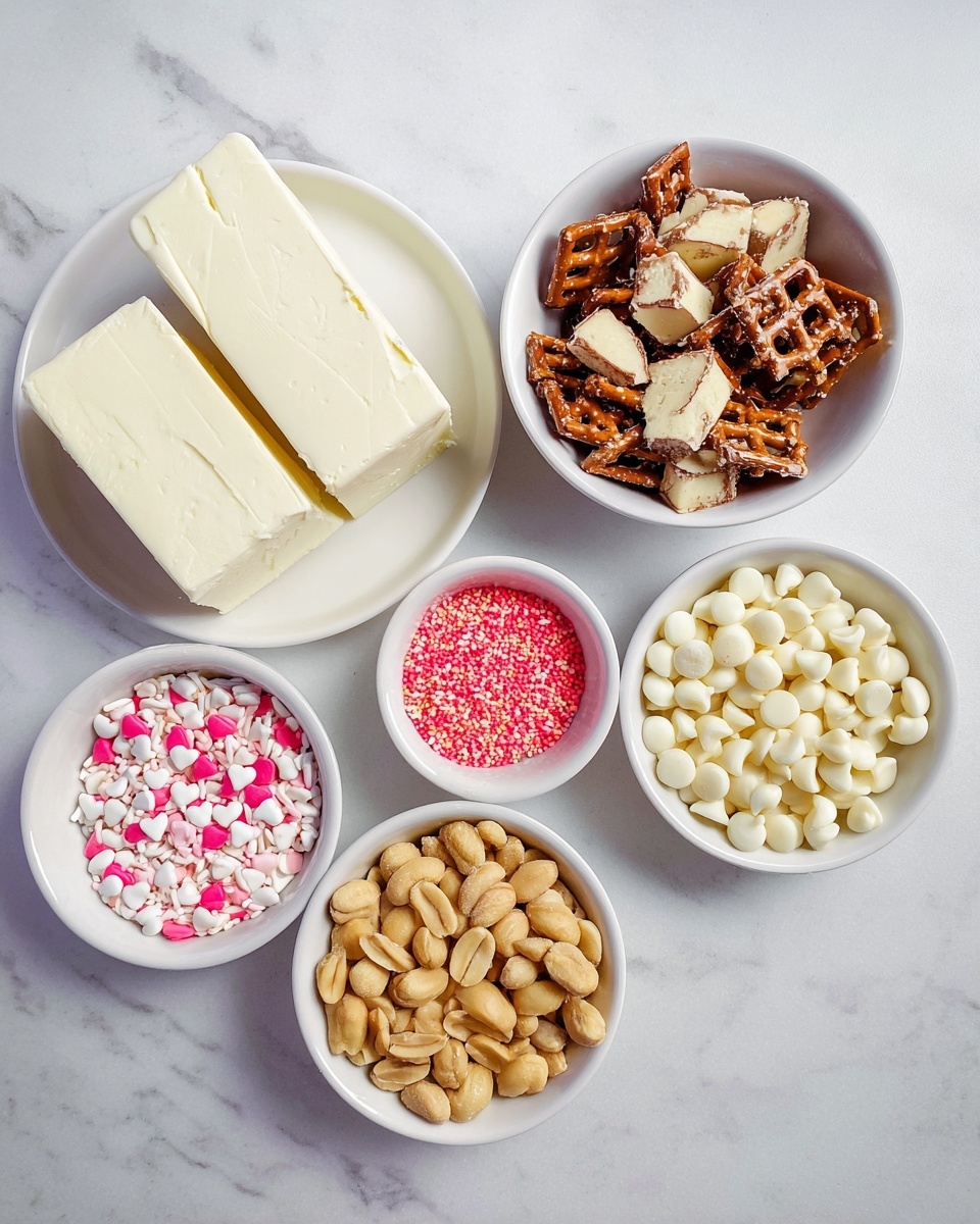 Five white bowls and plates are arranged on a white marbled surface. The top left white plate holds two large blocks of off-white solid butter with smooth surfaces and slight cracks. To the right, a white bowl contains a pile of broken brown pretzel pieces showing crunchy textures with visible white inside. Below the butter plate, a small white bowl is filled with tiny red, pink, and white heart-shaped sprinkles. To the right of that is a white bowl full of small, smooth, and shiny white chocolate chips. Lastly, the bottom left white bowl holds a heap of golden-brown roasted peanuts with slightly rough textures. photo taken with an iphone --ar 4:5 --v 7