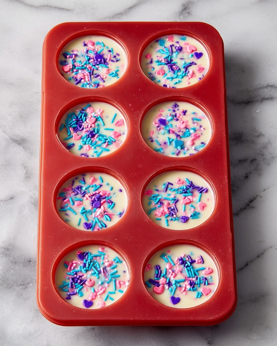 The image shows eight round cavities filled with a smooth, light cream mixture inside a red silicone mold placed on a white marbled surface. Each cavity is decorated on top with colorful sprinkles in shades of blue, pink, purple, and white, including small heart shapes, tiny spheres, and thin sticks evenly spread over the creamy base. The texture looks soft and shiny, ready to set or bake. Photo taken with an iphone --ar 4:5 --v 7