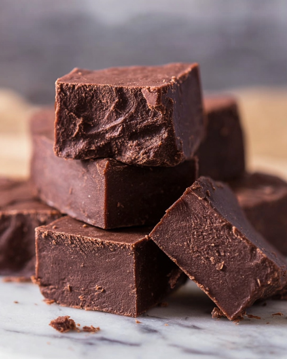 The image shows several thick, dark brown fudge pieces stacked and leaning against each other on a white marbled surface. Each fudge piece is roughly rectangular with slightly rough and crumbly edges, showing a dense and smooth texture inside. The pile is arranged with the front pieces in clear focus and the background pieces blurred softly. The warm lighting highlights the rich chocolate color and texture of the fudge. photo taken with an iphone --ar 4:5 --v 7