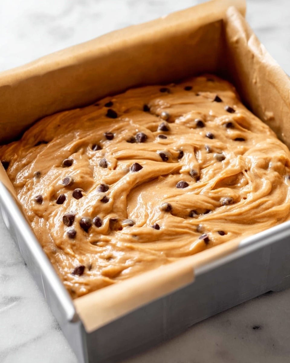 The image shows a close-up of a thick, light brown batter filled with small dark spots, likely chocolate chips, spread unevenly in a silver square baking pan lined with light brown parchment paper. The batter surface is smooth but with visible swirls and folds, giving it a textured look. The pan sits on a white marbled surface. Photo taken with an iphone --ar 4:5 --v 7