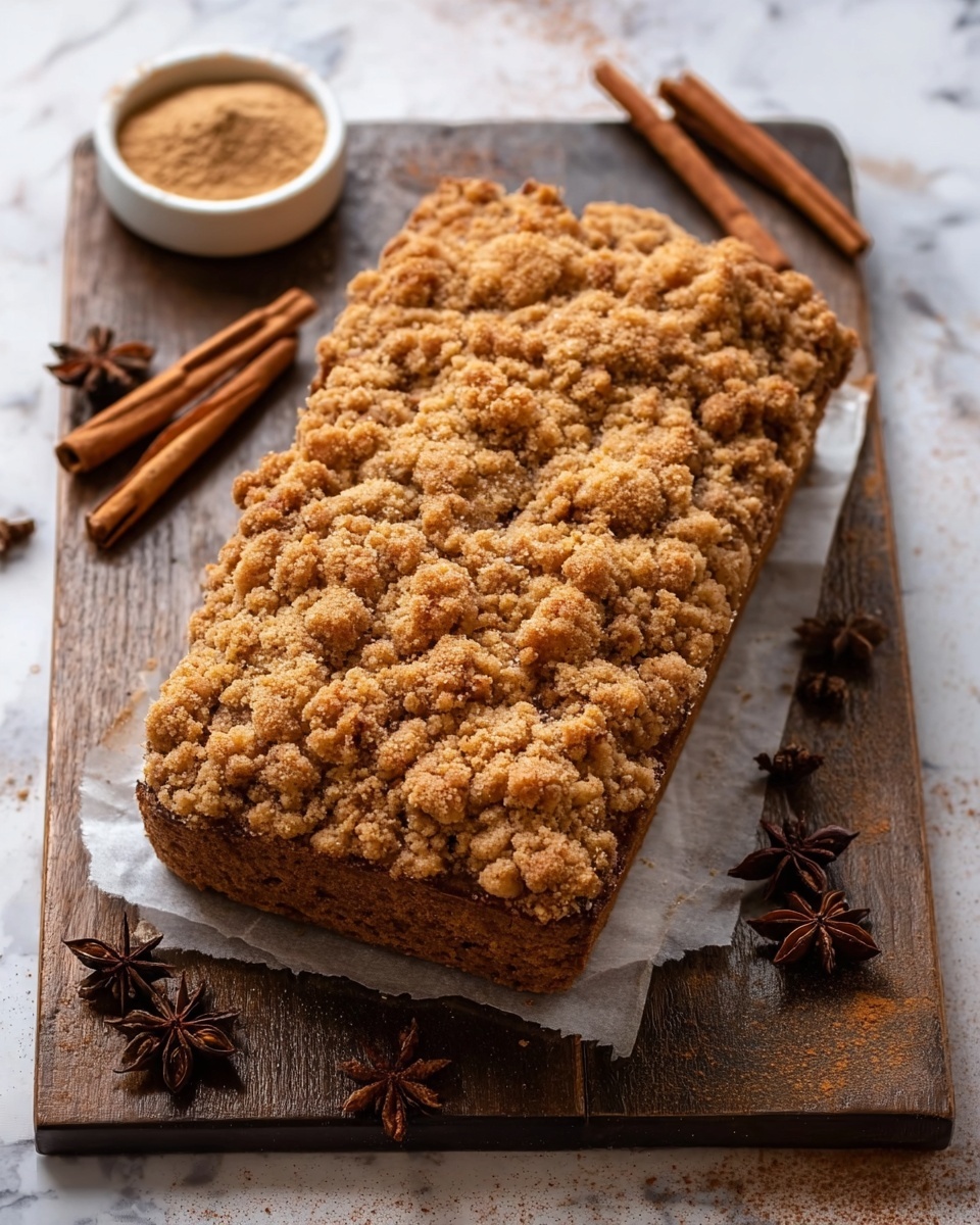 A rectangular crumb cake with a rough, golden-brown crumb topping that looks crunchy and uneven. The cake sits on a white paper on a wooden board with a dark brown color. To the top left, there is a small round white bowl filled with a light brown powder and three cinnamon sticks. Scattered star anise spices are placed around the cake on the wooden board. The background is a white marbled texture. Photo taken with an iphone --ar 4:5 --v 7