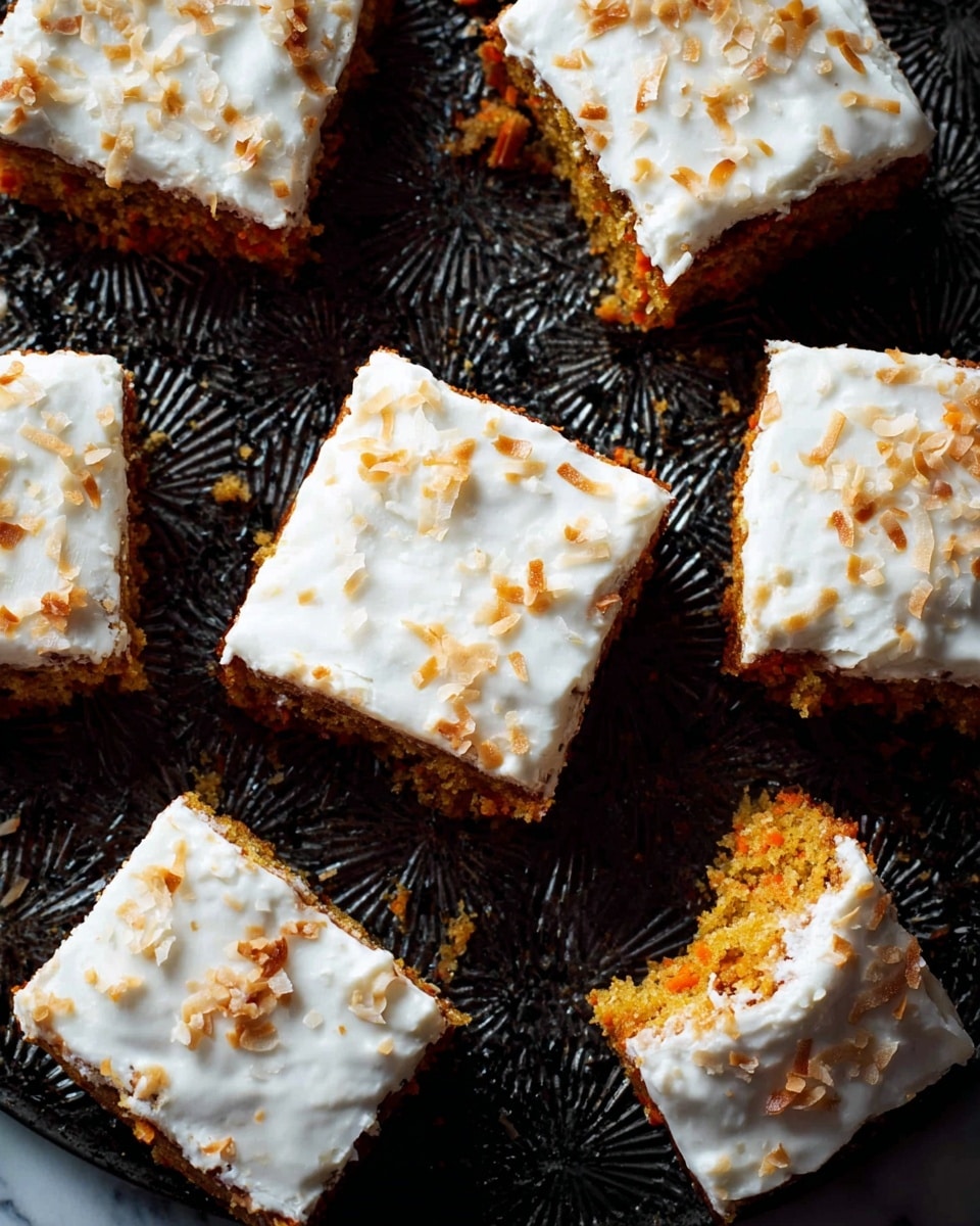 Several square pieces of cake are shown on a dark textured baking tray. Each piece has two visible layers: a thick, moist golden brown base with bits of carrot and a smooth, thick white frosting layer spread evenly on top. Toasted coconut flakes are lightly sprinkled over the frosting, giving a slightly rough texture with small crumbs scattered around. One piece is slightly pulled apart, revealing the moist, crumbly inside. The background is a white marbled surface. photo taken with an iphone --ar 4:5 --v 7