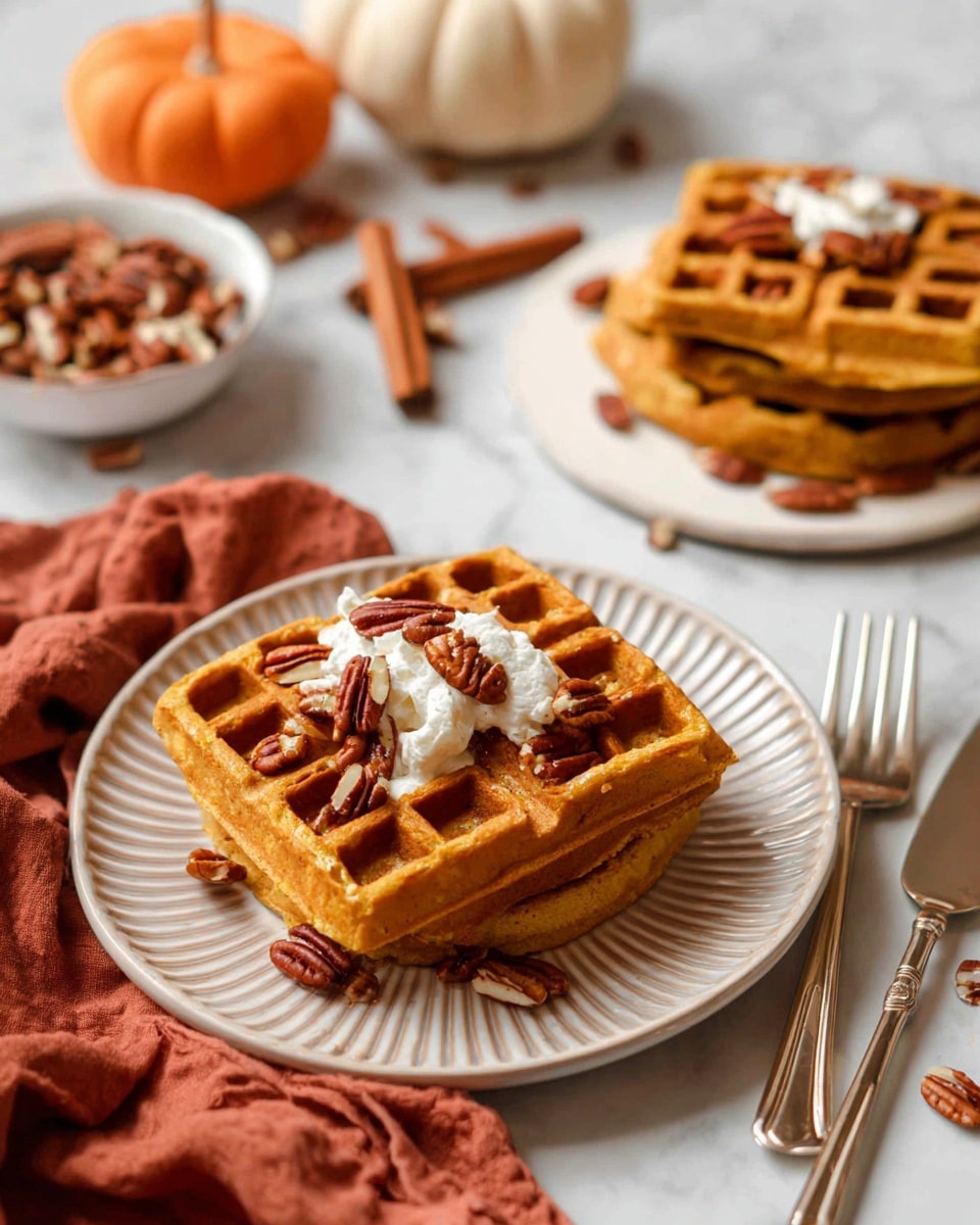 There are two golden brown waffles stacked on a white round plate with ridged edges, each waffle topped with several whole pecans and small dollops of white cream. Around the plate, some pecans are scattered on a white marbled surface. To the right of the plate, two silver forks rest on a folded rust-colored napkin. In the background, a white plate holds more stacked waffles with pecans, and to the left, a small white bowl contains pecans next to a pale orange pumpkin. In the foreground, a white bowl holds cinnamon sticks and nuts, all set on a white marbled surface. Photo taken with an iphone --ar 4:5 --v 7