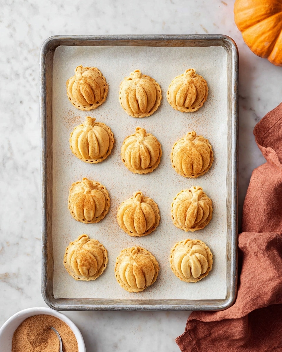 A metal baking tray lined with white parchment paper holds ten small, pumpkin-shaped pastries spaced evenly. Each pastry is golden-brown with a slightly rough texture on top and has visible ridges and a small stem shape at the top, mimicking a pumpkin. The edges of the pastries are pressed with a fork, creating a dotted pattern around the outline. The tray rests on a white marbled surface, accompanied by a small white bowl filled with cinnamon sugar and a folded rust-colored cloth napkin to the right. A light orange pumpkin is partially visible at the top right corner. Photo taken with an iphone --ar 4:5 --v 7
