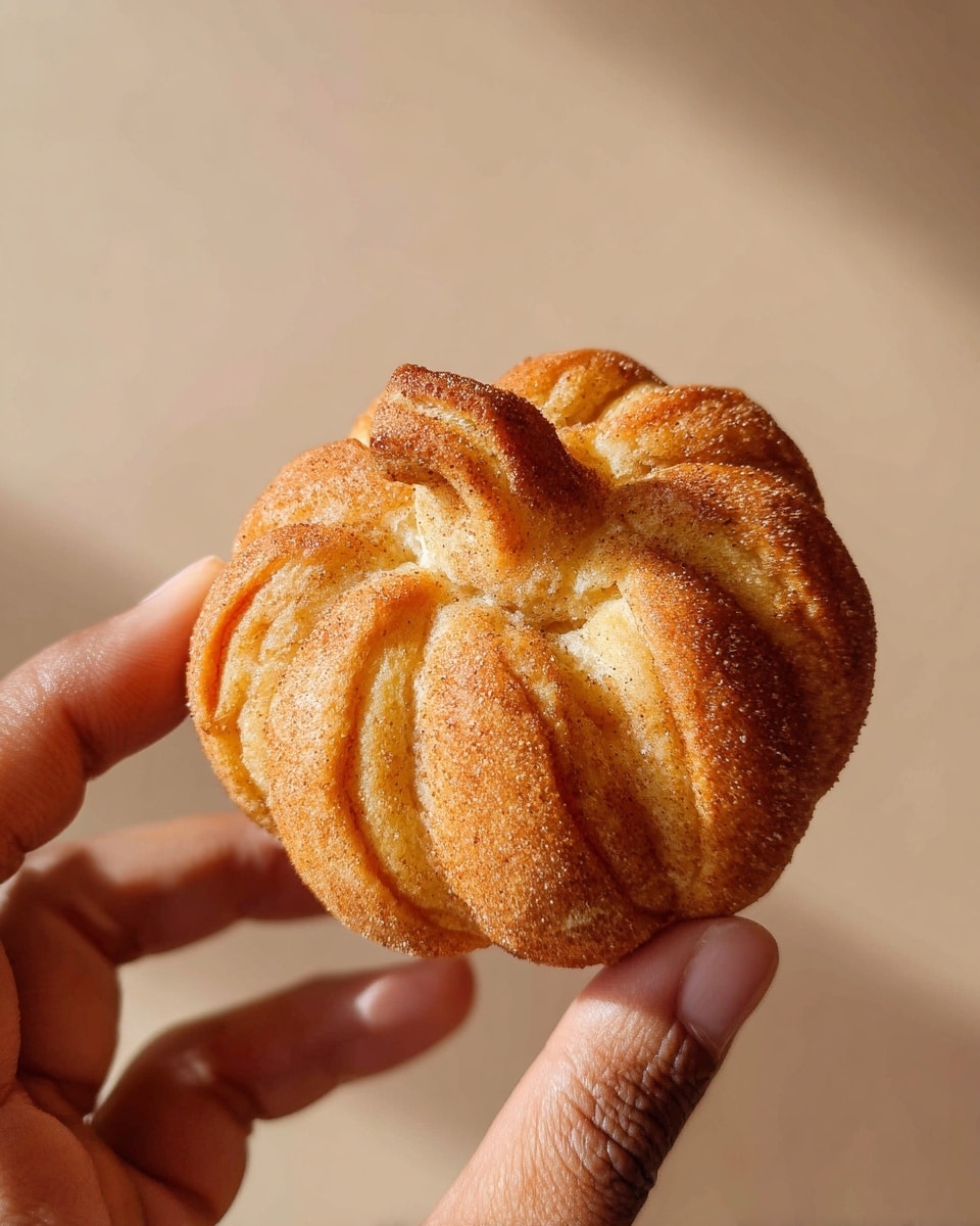 A close-up of a small golden-brown pumpkin-shaped pastry held by a person's fingers, showing a textured crust with a slightly crispy edge and a faint dusting of cinnamon or sugar on top; the pastry has detailed grooves and ridges to resemble a pumpkin’s shape, with soft shadows enhancing the contours on a plain beige background photo taken with an iphone --ar 4:5 --v 7