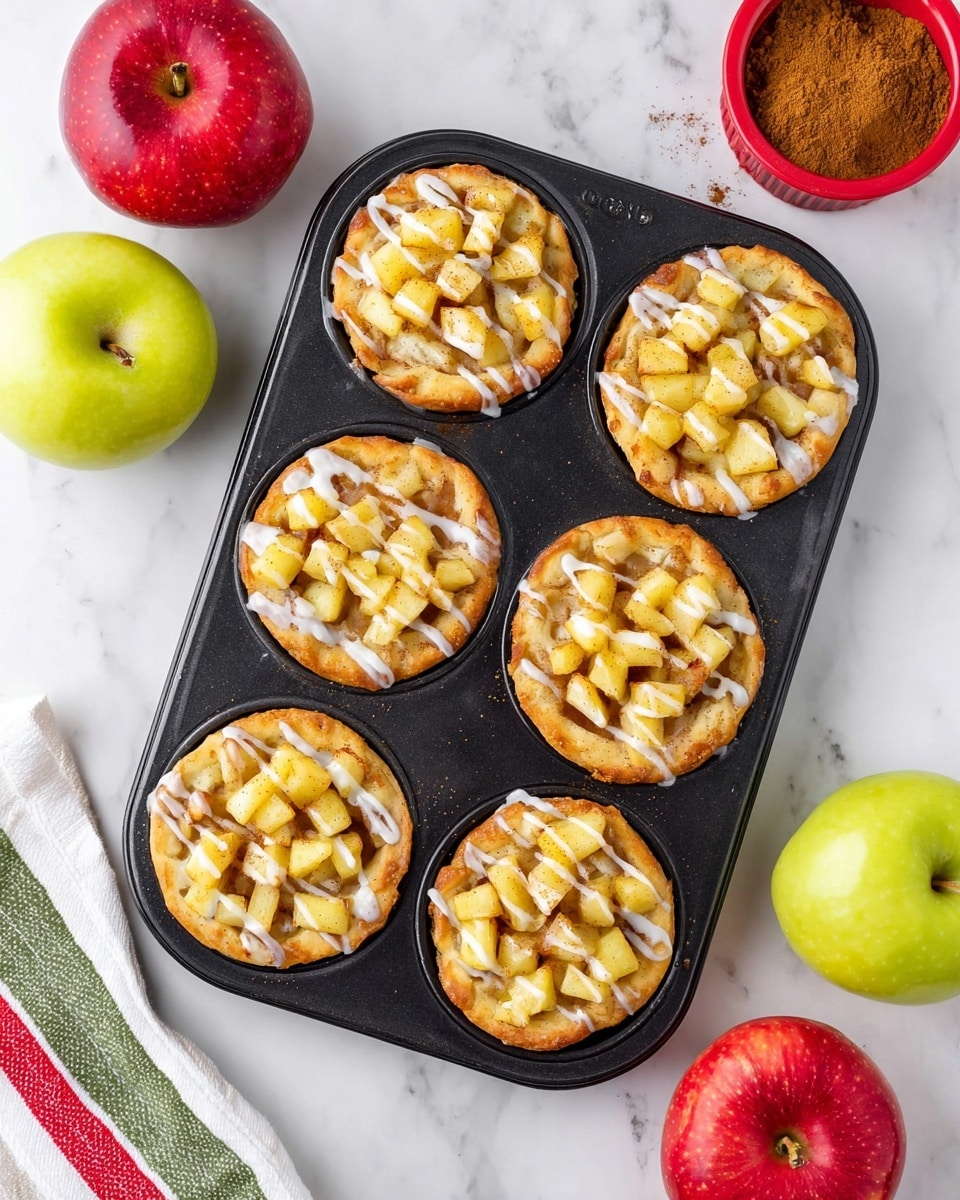 The image shows six round apple pastries in a black muffin tray on a white marbled surface. Each pastry has a golden brown crust topped with small, chunky yellow apple pieces that look soft and cooked. Over the apples, there is a drizzle of white icing in thin, uneven lines that adds a shiny texture. The pastries are evenly spaced in the tray with three in each row. Around the tray are whole apples in red and green colors, and a red container filled with brown cinnamon powder is visible in the top right corner. A white cloth with red and green stripes is seen at the bottom left corner. photo taken with an iphone --ar 4:5 --v 7