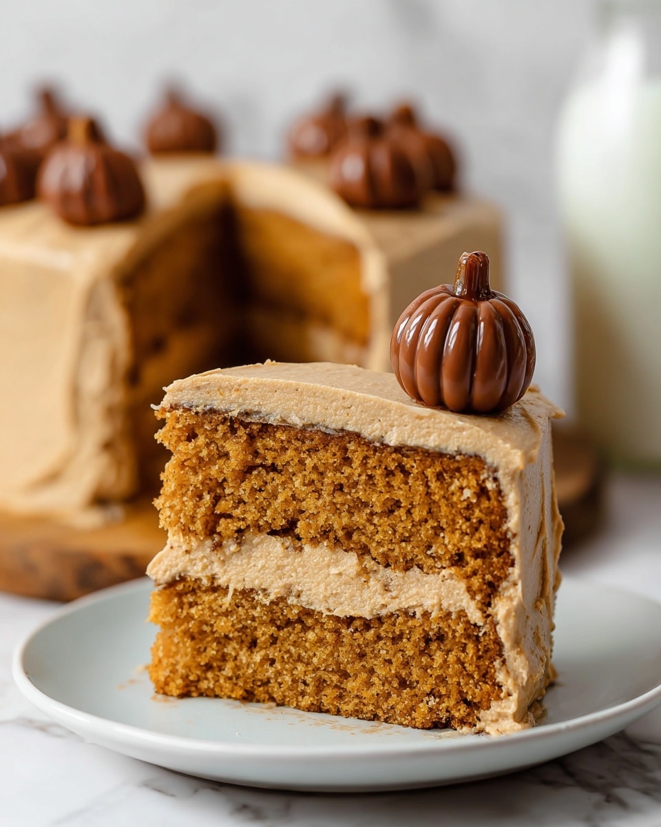 A slice of two-layer orange-brown cake with a thick layer of light brown frosting in the middle sits on a white plate, showing its soft and spongy texture. The cake is covered with smooth, creamy light brown frosting on the top and sides, topped with a small pumpkin-shaped decoration made with shiny chocolate and a pecan stem on top. In the background, the rest of the cake with similar frosting and decorations is slightly blurred, and a glass bottle of milk is visible on the side. The scene is set on a white marbled surface. photo taken with an iphone --ar 4:5 --v 7