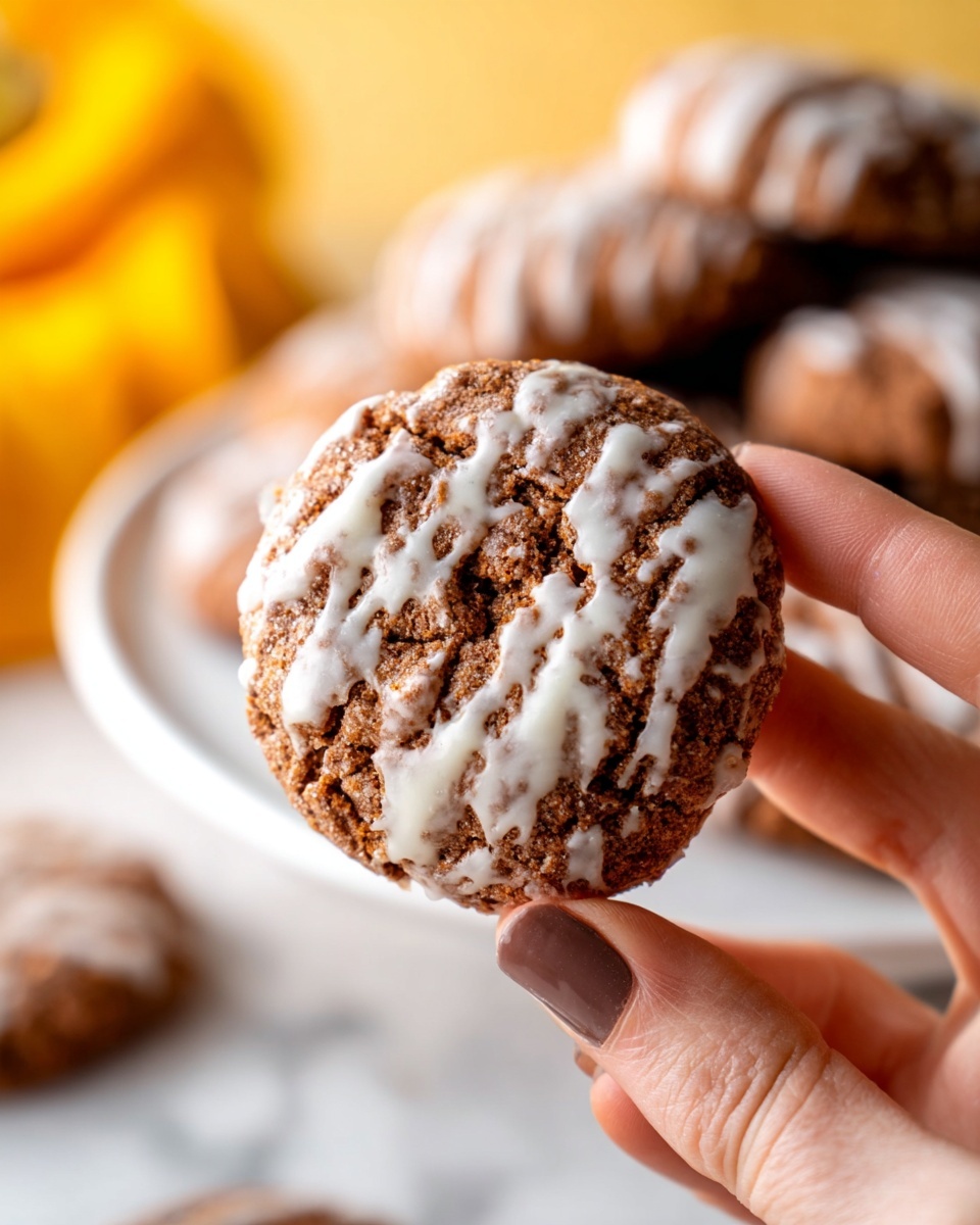 A close-up of a single round cookie held by a woman's hand with the thumb and fingers visible; the cookie has a rough, brown surface with white icing lightly spread unevenly across the top, showing some texture underneath; in the background, more brown cookies are placed on a white plate, all on a white marbled surface with warm, blurry yellow and white tones in the background. photo taken with an iphone --ar 4:5 --v 7
