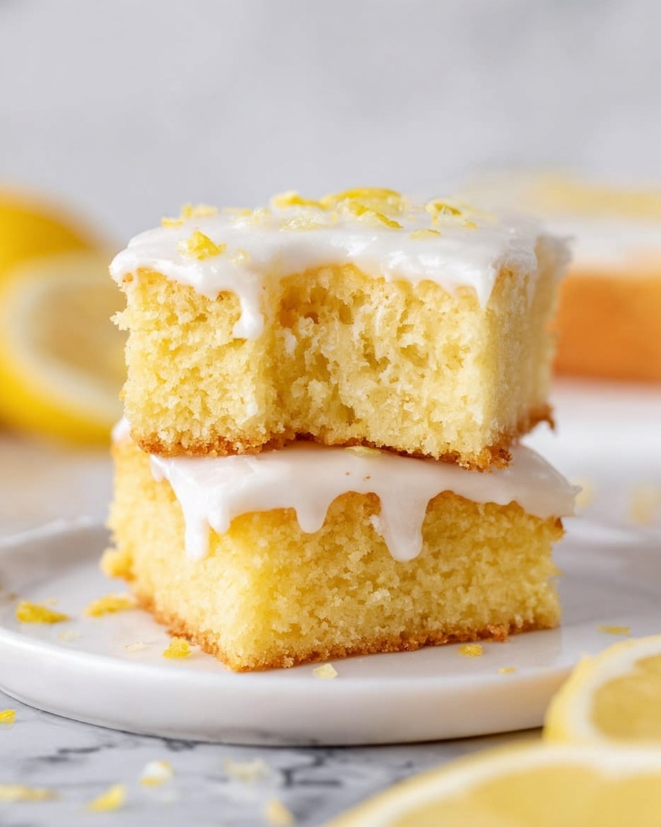 The image shows two soft lemon cake squares stacked on top of each other, with a visible bite taken from the top square, revealing a moist and fluffy inside. Both squares are light yellow with a slightly crumbly texture. Between the two layers, there is a thick layer of white icing that looks smooth and slightly dripping on the sides. The top square is also covered in white icing, topped with small pieces of lemon zest. The desserts are placed on a white plate, resting on a white marbled surface, with blurred lemon slices in the background. Photo taken with an iphone --ar 4:5 --v 7