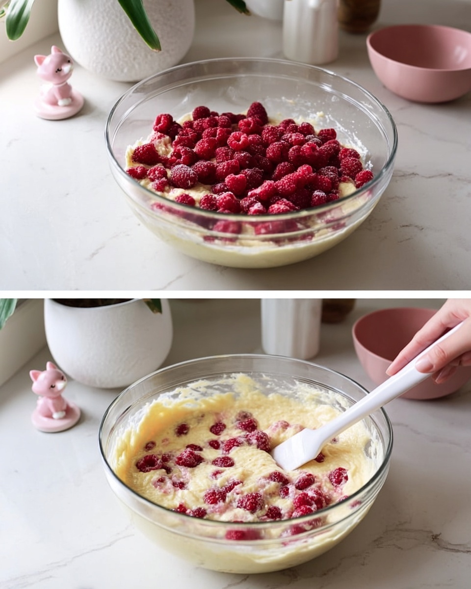 The first image shows a clear glass bowl filled with light yellow batter topped with many small red raspberries sitting on a white marbled surface. Behind the bowl, there is a large white plant pot with a green plant, a small white pot, a pink round bowl, and a little pink cat figurine. The second image is similar but now shows a woman's hand holding a white spatula stirring the batter and raspberries inside the glass bowl, mixing the red fruit evenly into the pale batter, with some batter clinging to the spatula. Photo taken with an iphone --ar 4:5 --v 7