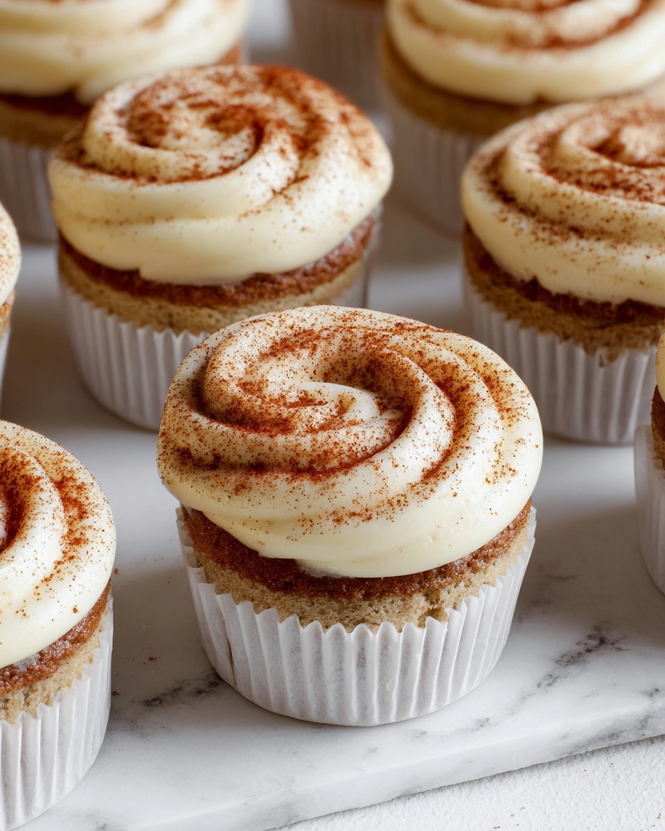 The image shows several cupcakes arranged on a white marbled surface. Each cupcake has two visible layers: a light brown bottom cake and a thick swirl of creamy white frosting on top, dusted generously with a reddish-brown powder. The frosting is piped in a rounded spiral shape, with a small hollow in the center. The cupcakes are wrapped in white paper liners and are placed close together, filling the frame with soft, inviting textures and warm, neutral tones. Photo taken with an iphone --ar 4:5 --v 7
