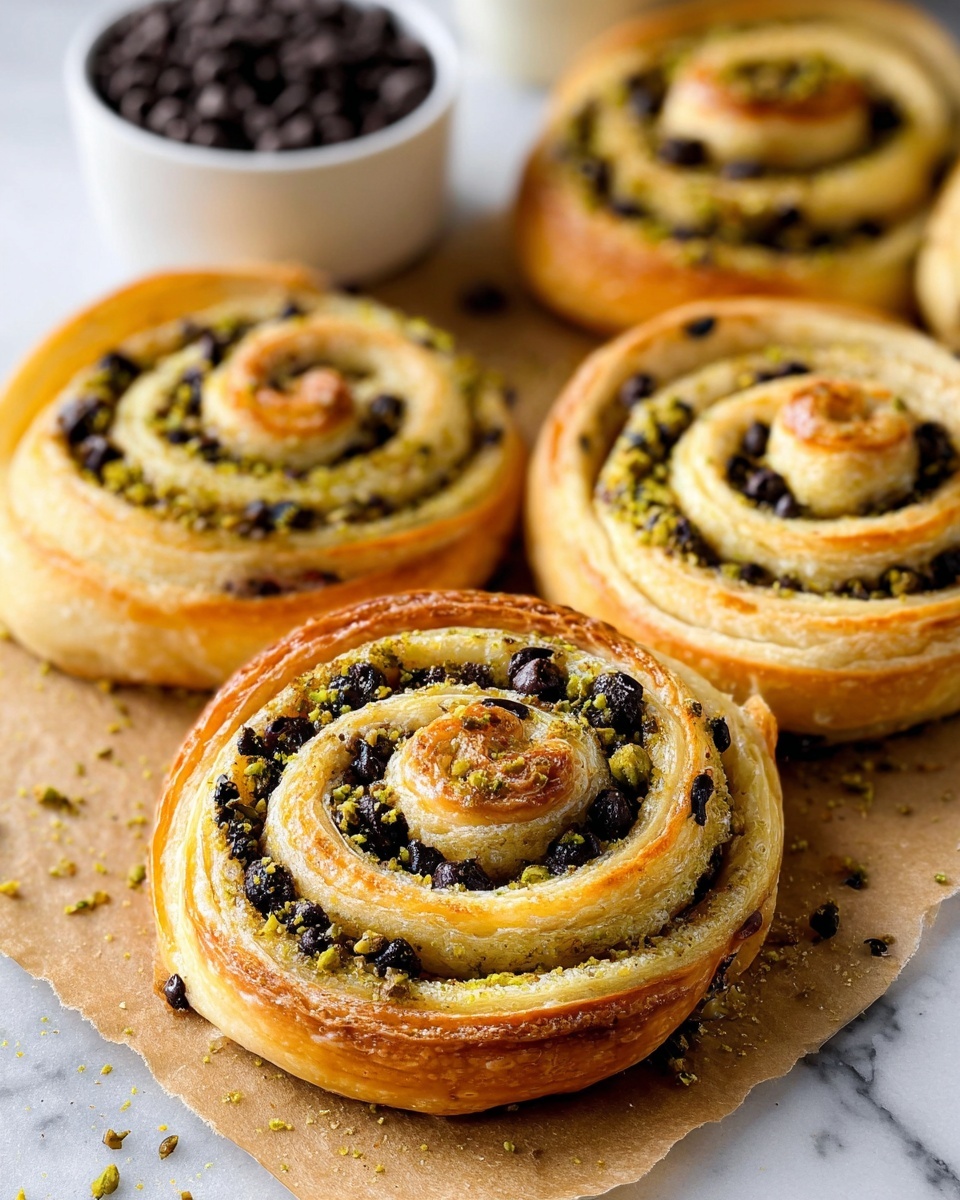 The image shows four spiral pastries with a golden brown top layer, each featuring multiple layers of dough rolled tightly into a swirl pattern. Between the layers, there are dark chocolate chips and a green, slightly crumbly pistachio filling that adds texture and color contrast. The pastries are placed on a light brown parchment paper that rests on a white marbled surface. In the background, a white bowl filled with dark chocolate chips is slightly out of focus. The outer edges of the pastries are crisp and shiny, while the inner layers look soft and moist. Photo taken with an iphone --ar 4:5 --v 7