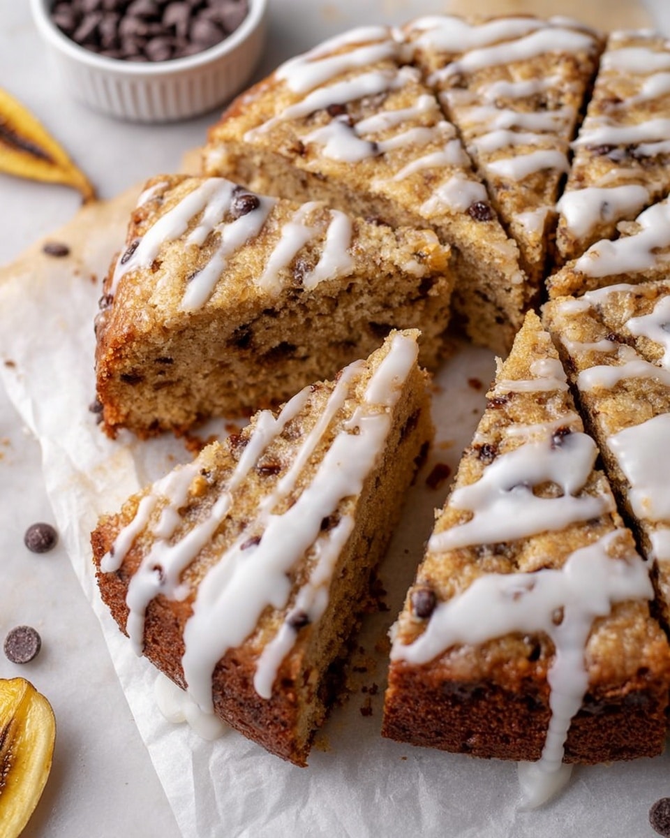 The image shows a round cake sliced into wedges on white parchment paper. The cake has a golden-brown crumb with small dark specks, indicating mix-ins like nuts or chocolate chips. A drizzle of white icing runs over the top and down the sides of each slice. The surface the cake sits on has a white marbled texture. To the side, there is a white bowl filled with small dark round objects, possibly chocolate chips, and a dried banana chip near the bowl. The focus is on one slice that is slightly pulled out from the rest, showing the moist interior with an even texture. photo taken with an iphone --ar 4:5 --v 7