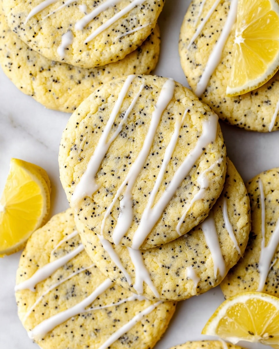 A close-up view shows several round lemon poppy seed cookies stacked and overlapping on a white marbled surface. Each cookie is light yellow with small black poppy seeds spread evenly throughout. Some cookies are drizzled with white icing in thin, irregular lines across the top. Bright yellow lemon wedges are scattered near the cookies, adding a fresh color contrast. The texture of the cookies looks soft with slight cracks and bumpy surfaces, highlighting the poppy seeds. photo taken with an iphone --ar 4:5 --v 7