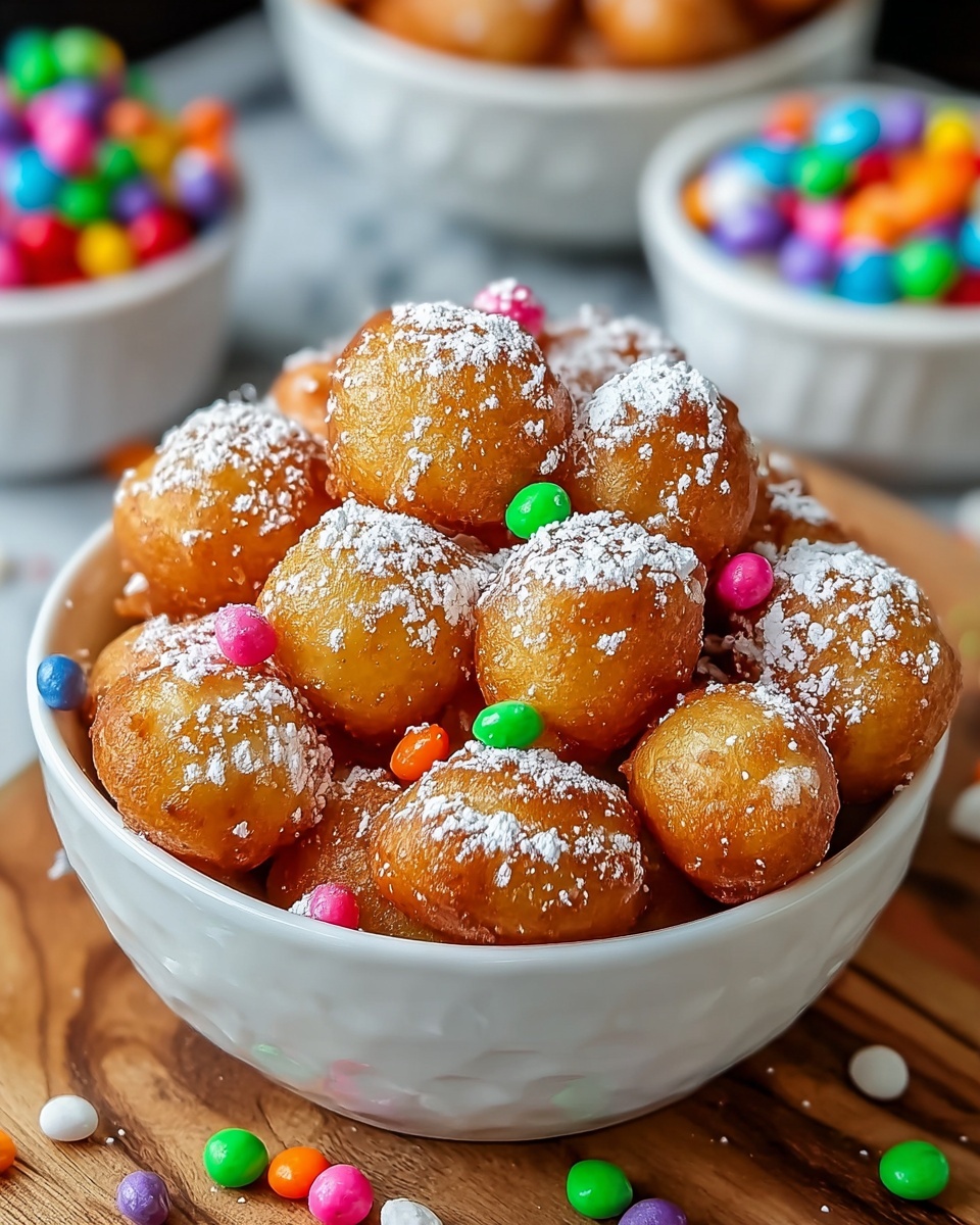 A white bowl filled with a pile of small, golden-brown round dough balls, each having a slightly rough and crispy texture, dusted with white powdered sugar. Scattered among the dough balls are small, colorful round sprinkles in bright colors like green, red, pink, purple, and orange. The bowl sits on a wooden surface with more colorful sprinkles scattered around it. The background shows blurred white bowls filled with other colorful round candies, all on a white marbled texture. photo taken with an iphone --ar 4:5 --v 7