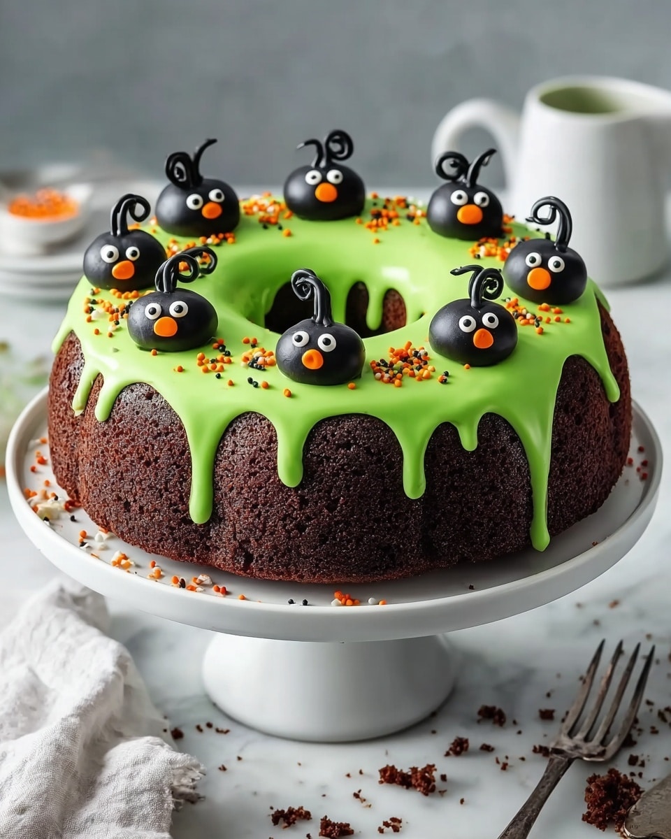 The image shows a round, two-layer dark chocolate cake with bright green icing that drips slightly over the edges. On top of the green icing are small round chocolate balls decorated with light green circles to look like cute ghost faces. The green icing also has small orange and black flower-like decorations scattered around. The cake sits on a white cake stand placed on a white marbled surface. There is a slice taken out of the cake, showing the rich, dark inside. In the background, there is a blurry orange pumpkin and another white plate with Halloween-themed cookies, all on the white marbled texture. photo taken with an iphone --ar 4:5 --v 7