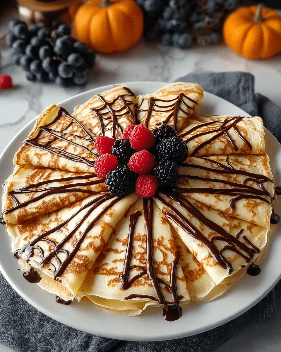 A white plate holds eight folded thin crepes arranged like flower petals, each crepe showing a golden brown lace pattern with edges that look crispy. Drizzled over the crepes is dark chocolate syrup in thin, uneven lines adding contrast. At the center of the plate is a small pile of fresh red strawberries and raspberries, with a few extra raspberries placed on some crepes. The dish sits on a white marbled surface, and in the background, there are whole strawberries and garlic cloves slightly out of focus. photo taken with an iphone --ar 4:5 --v 7