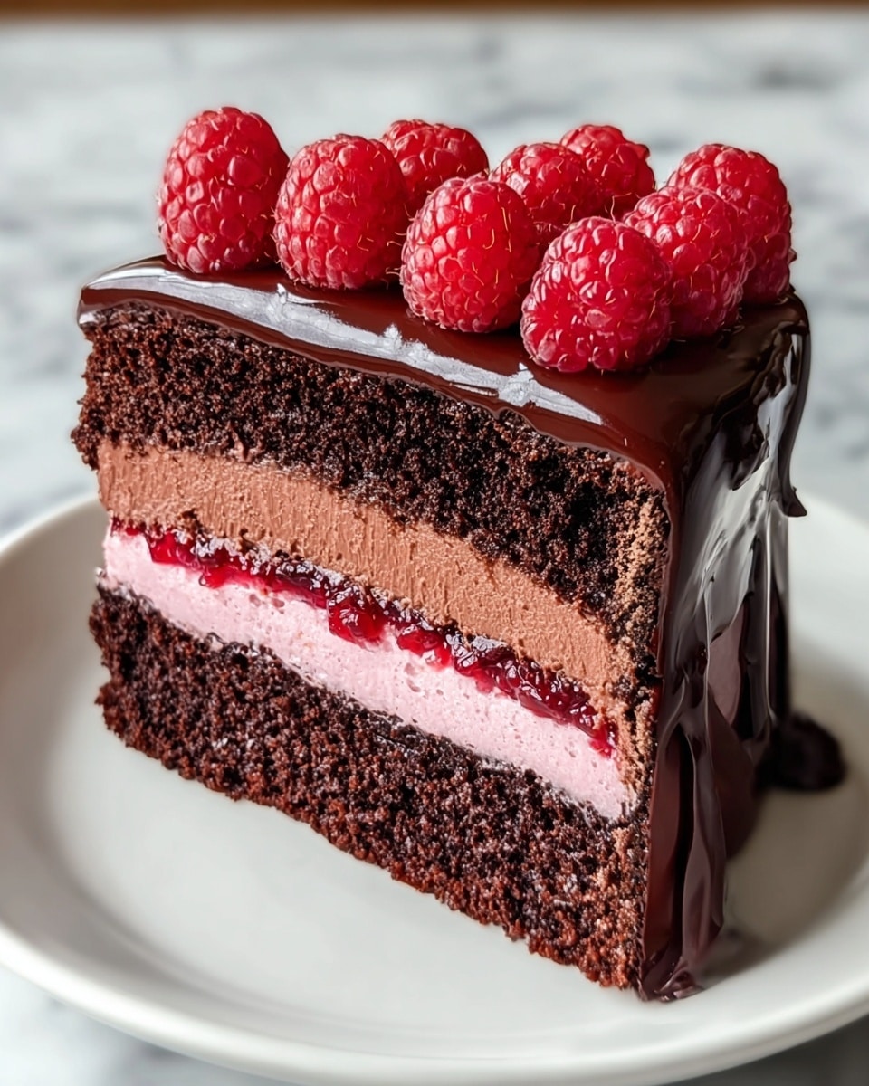 A slice of rich chocolate cake with four main layers sits on a white plate, all placed on a white marbled surface. The bottom layer is a dense dark chocolate base with a glossy dark chocolate coating. Above it is a thick, smooth pink cream layer, topped by a thin line of bright red raspberry jam. The next layer is a soft, moist dark chocolate cake, covered in a shiny dark chocolate ganache that drips slightly down the edge. On top, there is a small pile of fresh red raspberries. Photo taken with an iphone --ar 4:5 --v 7