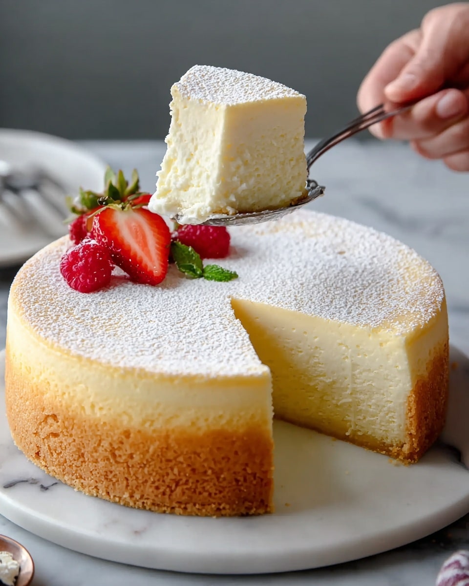 A round Japanese cheesecake with three layers: a thin, light brown crust on the bottom, a thick middle layer of soft, pale yellow cake with a fluffy texture, and a smooth top layer dusted with white powdered sugar. The cake is placed on a dark round tray with powdered sugar around the edge. On top, there are three red strawberries and one raspberry grouped on one side, and a woman’s hand with a spoon scooping a small ball of white cream from the other side. The background is a white marbled surface with a blurred light wall and some green plants. Photo taken with an iphone --ar 4:5 --v 7