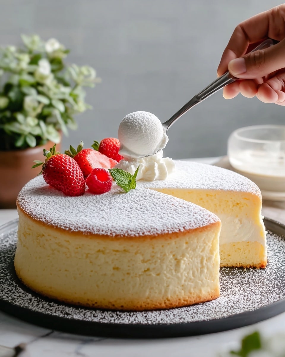 The image shows a round, fluffy cheesecake with a smooth, pale yellow top dusted lightly with powdered sugar. One slice is removed, revealing two thick and even layers: a creamy, pale yellow cheesecake filling on top and a thin, crumbly golden brown crust at the bottom. On the left side of the cake, three fresh berries—a halved strawberry, a whole strawberry, and a raspberry—are placed on top for decoration. On the right side, a woman's hand holds a spoon with a scoop of the cheesecake poised above the cake. The cheesecake rests on a white marbled surface with light gray patterns, and the plate beneath the cake is white. Photo taken with an iphone --ar 4:5 --v 7