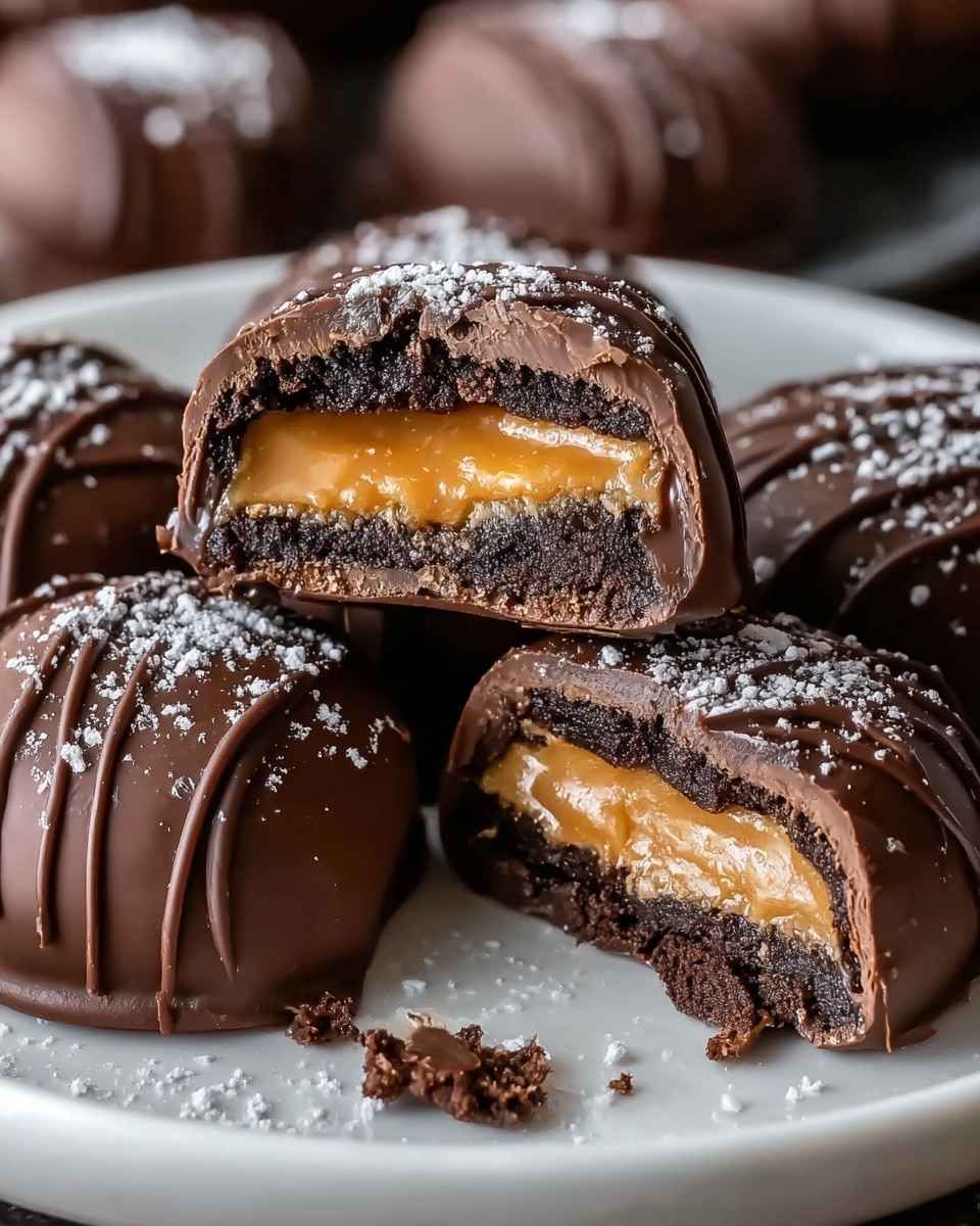 The image shows round chocolate truffles arranged closely together on a white plate with a dark rim. Each truffle has three distinct layers: a dark brown, crumbly base at the bottom, a thick and creamy light brown center, and a smooth shiny dark chocolate outer shell. Some of the truffles are decorated with thin, zigzag lines of caramel-colored drizzle on top, while others are sprinkled with fine white sugar crystals. One truffle at the front is cut in half vertically, clearly showing the three layers inside. The plate rests on a white marbled surface. photo taken with an iphone --ar 4:5 --v 7