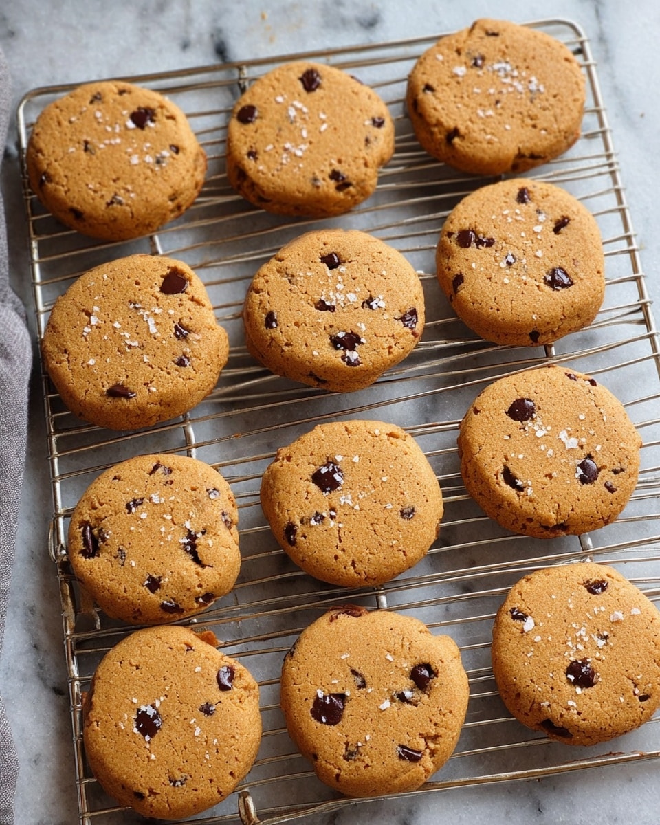 Twelve round, golden-brown cookies with small dark chocolate chips spread evenly inside are arranged on a silver metal cooling rack. Each cookie has a slightly rough, soft texture with a few small cracks on the surface. Light sprinkles of white sea salt are scattered on top of some cookies. The cooling rack sits on a white marbled surface with a soft, neutral background. Photo taken with an iphone --ar 4:5 --v 7