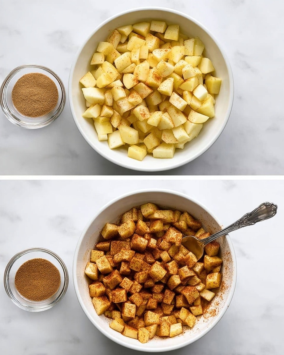 The two images show a white bowl filled with small, light yellow diced pieces that appear to be apples, placed on a white marbled surface. Next to it are two small clear glass bowls containing powdery spices, one with a light brown spice and the other with a darker brown spice. In the second image, the same white bowl now has the diced apples coated with a blend of the spices, giving them a dusty, warm brown color, and a spoon rests inside the bowl, showing the mixture is being stirred. The setting remains on the white marbled surface with the spice bowls nearby. photo taken with an iphone --ar 4:5 --v 7