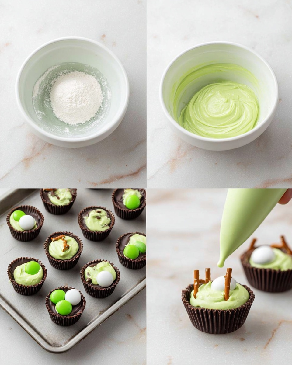 The image shows four steps of making small chocolate cups filled with light green frosting. In the first step, a white bowl has a mix of white powdered sugar, cream, and vanilla. The second step shows the same bowl now filled with smooth, light green frosting. The third step shows the light green frosting being squeezed from a piping bag into small dark brown chocolate cups, arranged on a baking tray. In the last step, one chocolate cup is decorated with round green and white candies, a small white candy in the center, and a short pretzel stick standing up. The background is a white marbled surface. photo taken with an iphone --ar 4:5 --v 7