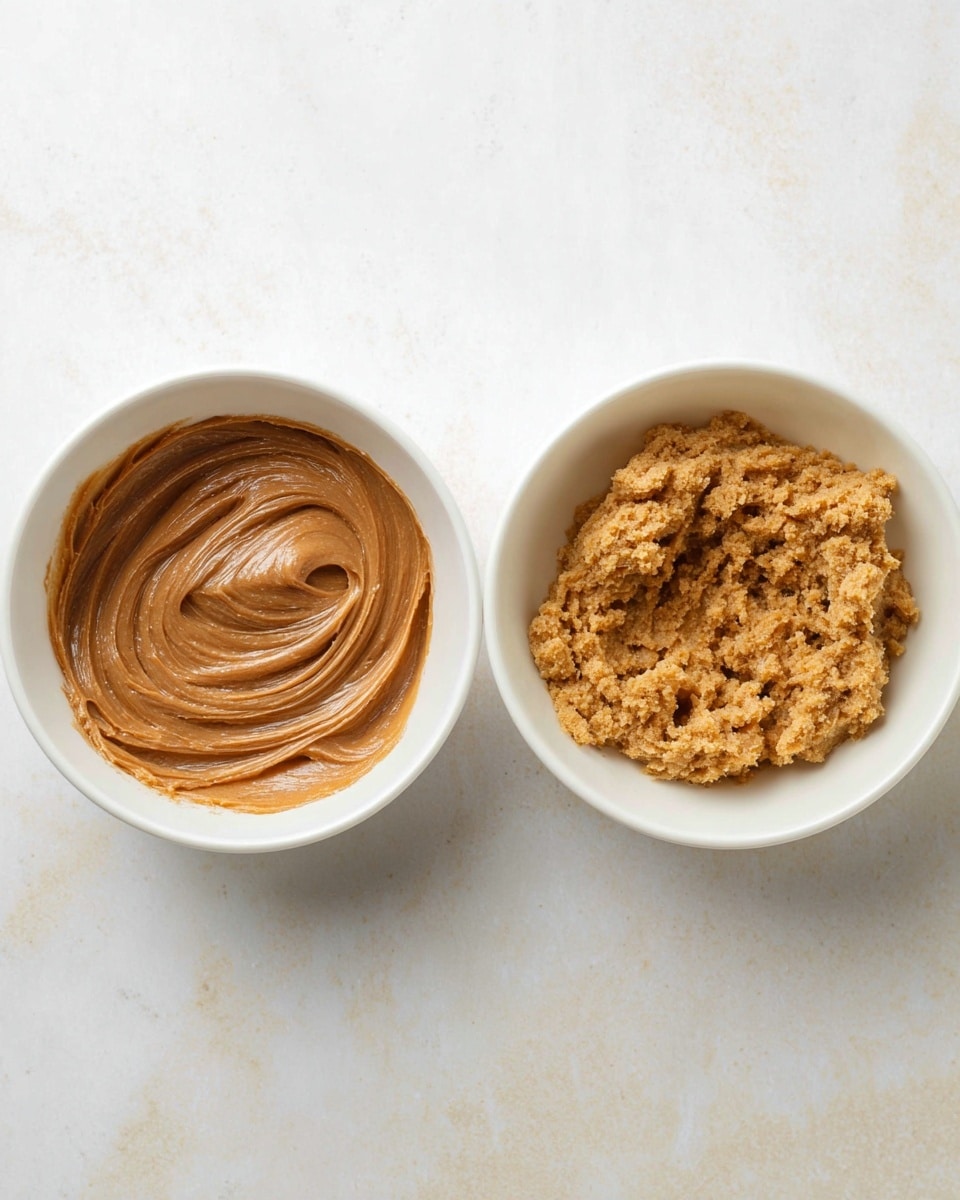 The image shows two white bowls placed on a white marbled surface. The bowl on the left contains a smooth, thick, swirled layer of brown spread that looks creamy and shiny. The bowl on the right has a rough, crumbly mixture with a light brown color and uneven texture, filling the bowl irregularly. Photo taken with an iphone --ar 4:5 --v 7