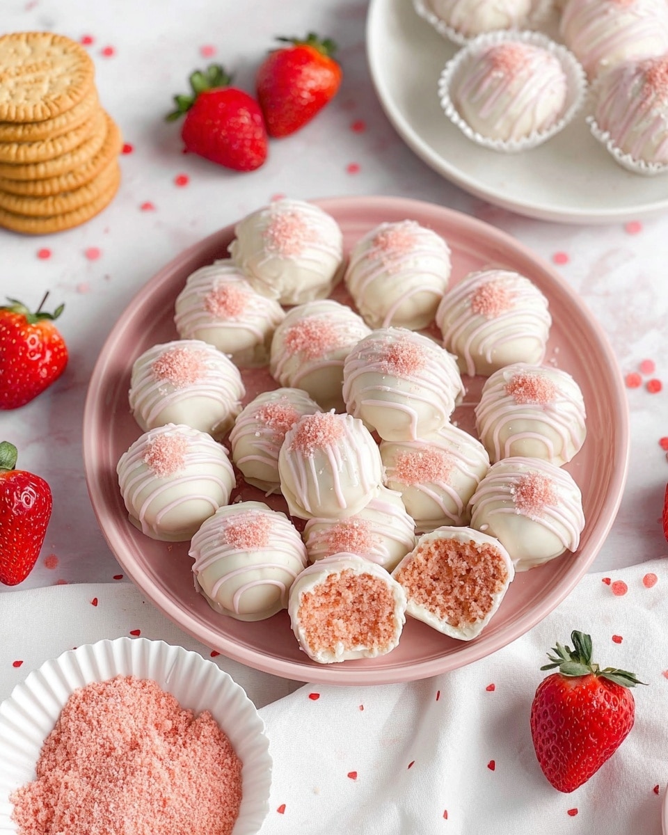 A round light pink plate holds about 25 small round treats, each covered in smooth white coating with thin white drizzle lines on top and a sprinkling of pink powder. Two of the treats are cut in half, showing a soft, crumbly pink inside. Around the plate are fresh bright red strawberries, small golden sandwich cookies stacked together, and a small white scalloped dish filled with pink crumbly powder. The treats are also seen on a white plate at the side and in white paper cups. The background is a white marbled texture with a white cloth with small red dots on one corner. photo taken with an iphone --ar 4:5 --v 7