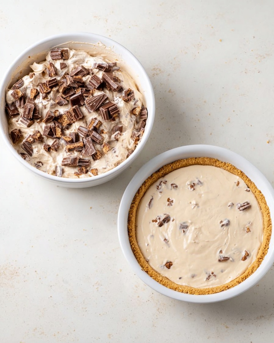 The image shows two white bowls on a white marbled surface. The left bowl holds a thick creamy mixture with chunks of chocolate candy bars mixed in, with the chocolate pieces distributed on top and partly mixed in. The right bowl contains a pie with a crust on the sides, filled with the same creamy mixture, smooth on the top with small bits of chocolate candy pieces visible inside. The pie crust is light golden brown, and the creamy filling is pale beige. photo taken with an iphone --ar 4:5 --v 7