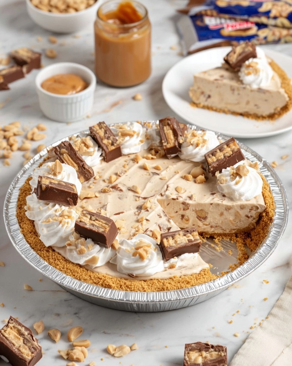 A Snickers pie with three visible layers sits on a white marbled surface inside a silver foil pie pan; the bottom layer is a crumbly golden crust, the middle layer is a creamy light brown filling with visible pieces of chopped Snickers bars, and the top layer is a smooth, slightly lighter brown cream. Around the edge of the pie, there are dollops of white whipped cream, each topped with a small rectangular piece of Snickers candy bar and a sprinkle of chopped peanuts. A single slice has been taken out, showing the inside layers clearly. In the background to the right, a white plate holds the removed slice, and there are small bowls with peanut butter, caramel sauce, chopped peanuts, and more Snickers pieces scattered around. Photo taken with an iphone --ar 4:5 --v 7