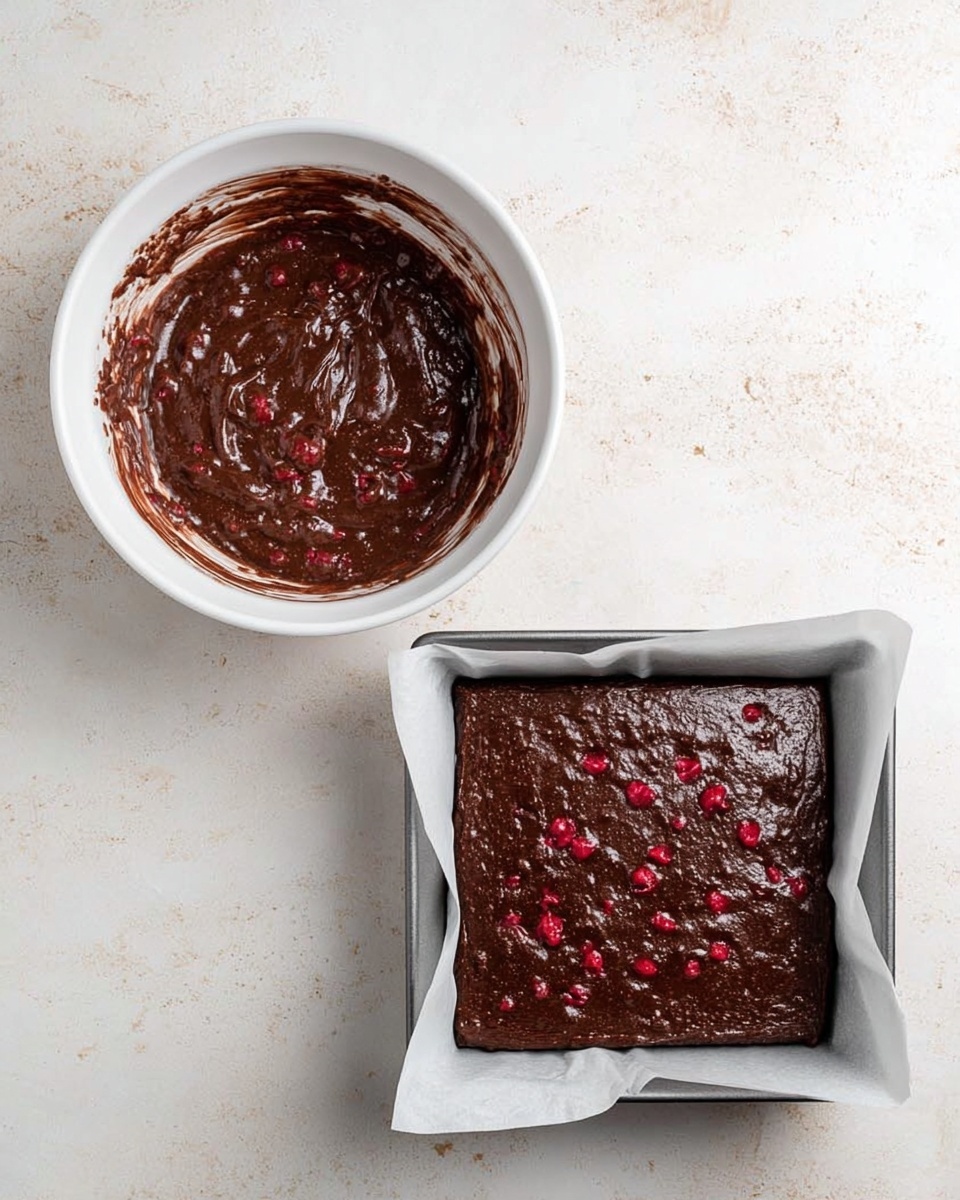 The image shows two containers on a white marbled surface: on the left, a white bowl filled with thick, dark brown chocolate batter mixed with visible red berry pieces, its sides streaked with batter; on the right, a square baking pan lined with white parchment paper holding a smooth, even layer of the same rich chocolate batter with scattered red berries throughout. photo taken with an iphone --ar 4:5 --v 7