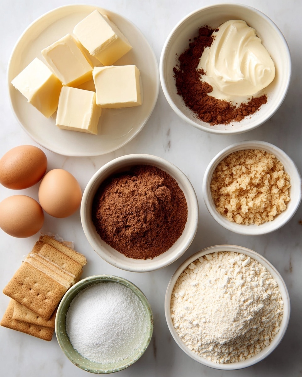 A flat lay of baking ingredients arranged on a white marbled surface, including a white plate with six thick pale yellow butter cubes in the top left, and next to it a small white bowl filled with fine brown cocoa powder. Below the cocoa powder, a small white bowl holds light brown crumbled crumbs, and another white bowl beside it contains a pale cream mixture with a smooth texture. On the lower right, a white bowl is filled with a beige powdery mixture, while next to it a small green-speckled bowl has a mound of fine white powdered sugar. In the bottom left corner, three brown eggs are placed near a small stack of light brown square crackers. Photo taken with an iphone --ar 4:5 --v 7