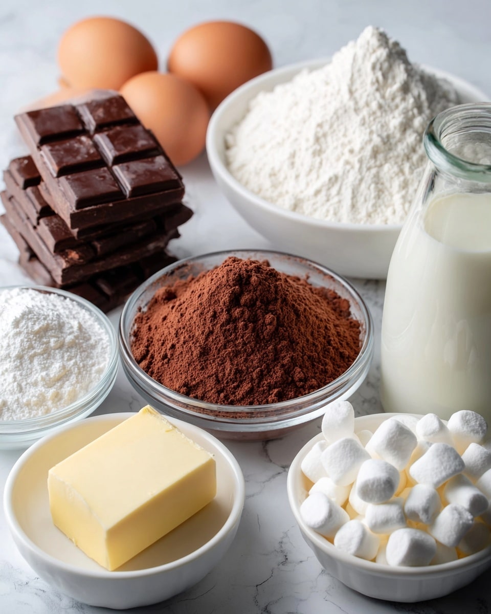 The image shows a group of baking ingredients placed on a white marbled surface. From left to right, there are three brown eggs in the background, next to a neat stack of dark chocolate squares with a slightly glossy finish. Behind them is a white bowl filled with a heap of fine white flour. In front of the flour is a clear glass bowl containing a small mound of white powdered sugar. Centered is a white bowl with a pile of rich brown cocoa powder, its texture soft and powdery. To the right, a small glass bottle holds fresh cream-colored milk. Next to it, a white bowl is filled with small, soft white marshmallows overflowing near the base. Finally, in front of the marshmallows is a white bowl with a solid block of pale yellow butter. The colors are soft and natural, and the light is bright and even, showing off the different textures clearly photo taken with an iphone --ar 4:5 --v 7