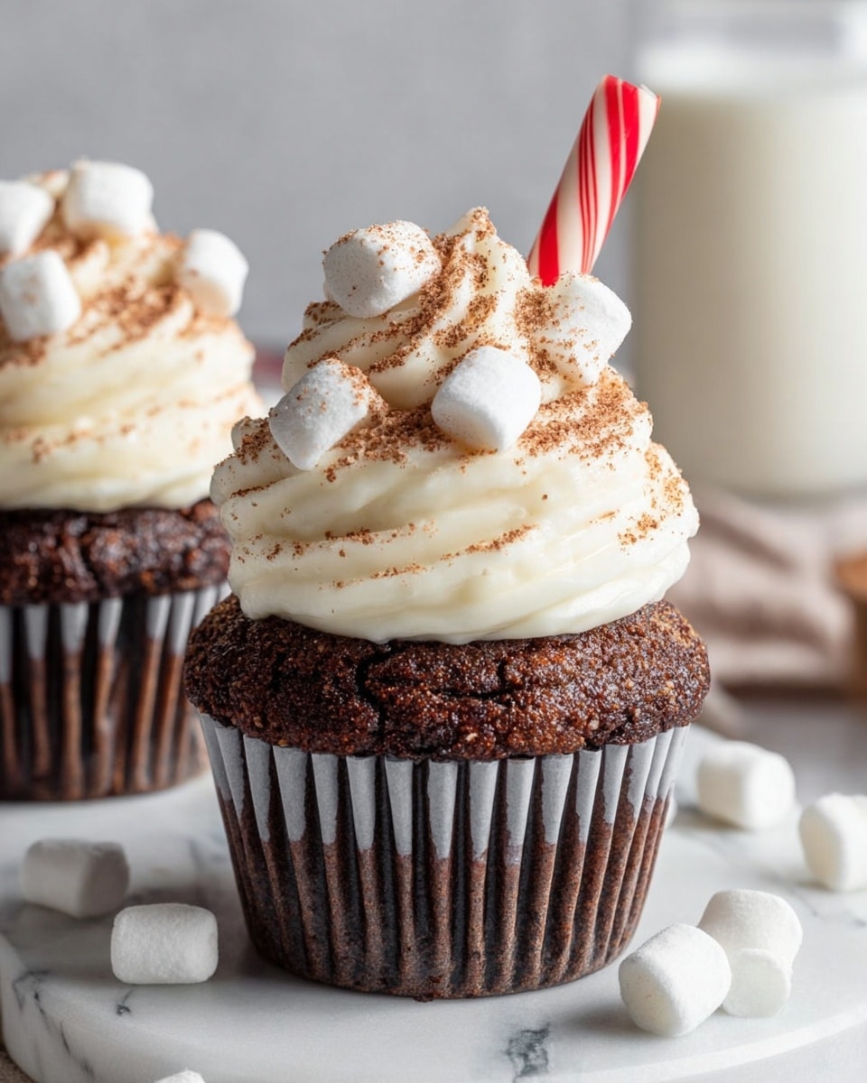 The image shows two chocolate cupcakes placed on a white marbled surface. Each cupcake has a dark brown, textured base wrapped in a dark striped liner. On top of the base is a thick swirl of smooth, white cream frosting, forming two big layers. The frosting is sprinkled with a light dusting of brown cocoa powder and scattered with small white marshmallows. One cupcake has a red and white striped candy stick inserted into the frosting. The background is soft and blurred with a glass of milk visible. Photo taken with an iphone --ar 4:5 --v 7