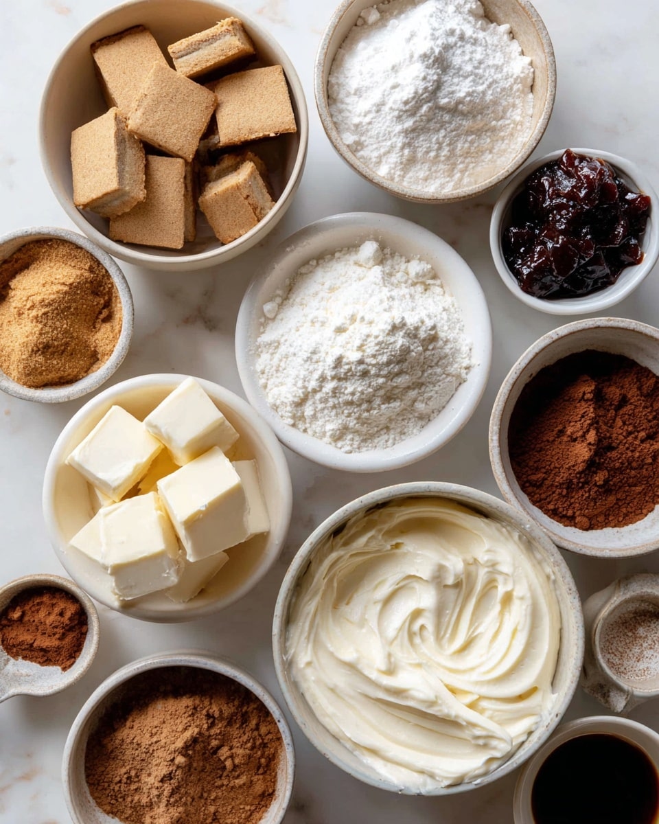Several small white bowls are arranged on a white marbled surface, each holding different ingredients. There are light brown square cookies in one bowl, white powder in two bowls, dark reddish-brown sticky fruit mixture in another, and creamy white thick spread in a larger bowl at the front. Another bowl holds cubed white butter, while one features a heap of light brown powder. A small bowl has darker brown powder, and a small bowl contains a dark liquid. The bowls are evenly spaced and show a variety of textures from smooth and creamy to powdery and crumbly photo taken with an iphone --ar 4:5 --v 7