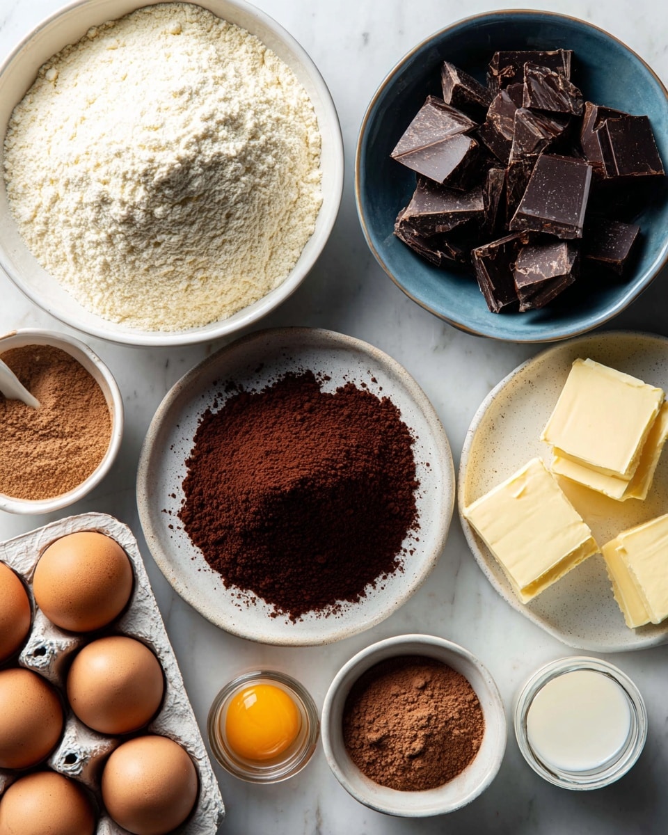 Several bowls and containers are arranged on a white marbled surface, each holding a baking ingredient. In the top left, a white bowl is filled with a mound of pale flour. To its right, a blue bowl holds thick, dark chocolate chunks. Below the flour, a small white bowl contains light brown cocoa powder, while a larger white plate in the center holds a heap of finely ground dark cocoa powder. Next to it is a small bowl with darker brown powder. To the right, a white oval plate carries thick slices of pale yellow butter, and next to it is a clear glass cup filled with white milk. On the bottom left, an egg carton shows six brown eggs, and above that, half an egg yolk is visible in a small white bowl. The overall look is warm and natural, with ingredients ready for baking. photo taken with an iphone --ar 4:5 --v 7