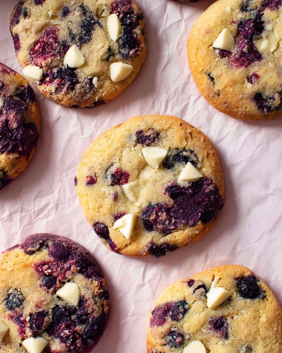 The image shows round cookies with a light golden-brown base mixed with darker purple-blue spots from blueberries inside. Each cookie has small chunks of white chocolate on top, scattered unevenly. The texture looks soft with a slightly crisp edge. The cookies are placed on light pink crumpled parchment paper, which lies on a white marbled surface. The photo is taken from above, capturing the details of the cookies’ texture and fruit pieces photo taken with an iphone --ar 4:5 --v 7