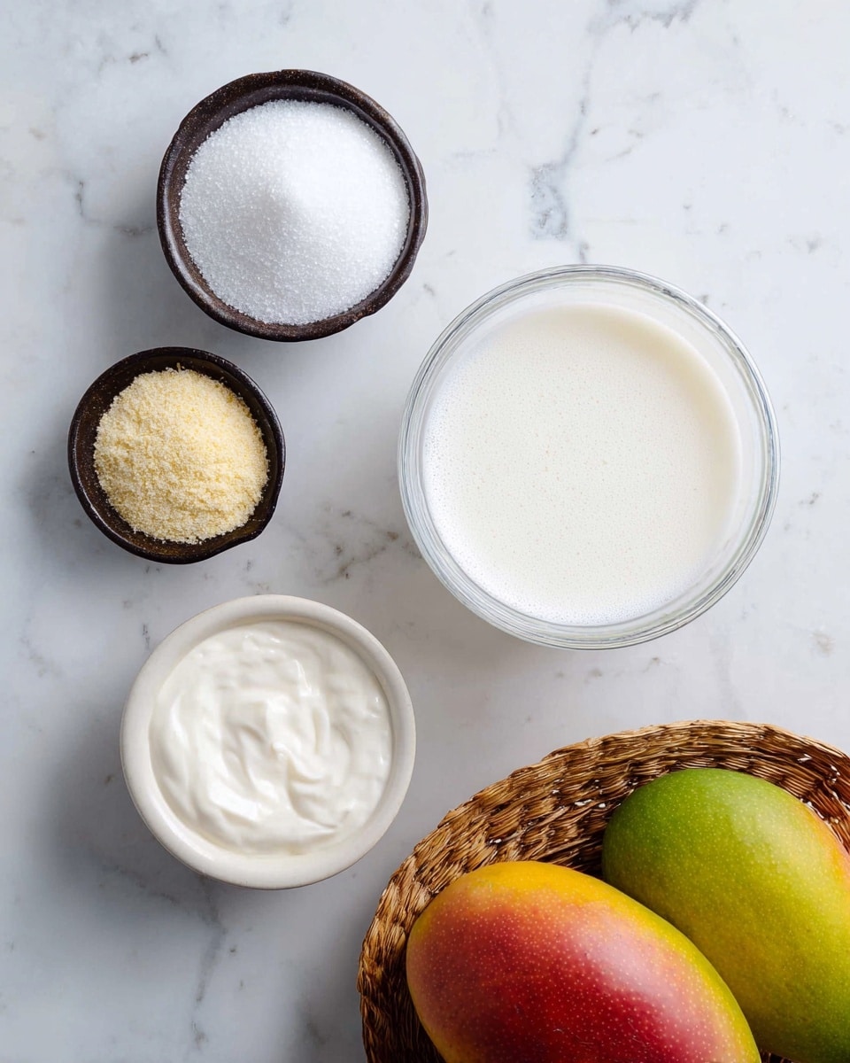 A flat lay photo showing four small white bowls arranged in a loose circle on a white marbled surface, each bowl containing different ingredients: one with coarse white sugar crystals, one with a smooth thick white cream, one with fine yellowish granulated sugar, and one larger clear glass bowl filled with a frothy white liquid. At the bottom right corner, a woven basket filled with three ripe mangoes with green, yellow, and red shades is partially visible. photo taken with an iphone --ar 4:5 --v 7