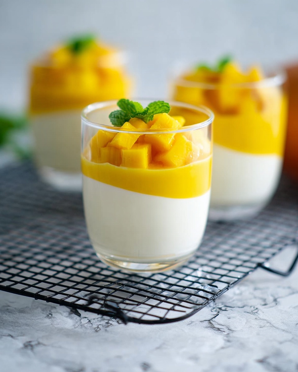 A clear glass shows two layers inside it, the bottom layer is bright yellow with a smooth texture, placed diagonally. The top layer is creamy white, also smooth, following the same diagonal line as the yellow layer. On top of the white layer, there are small, vibrant yellow cubes of diced mango, with a small green mint leaf garnish adding a fresh touch. Three similar glasses are blurred in the background, all placed on a black wire cooling rack, which sits on a white marbled surface. The scene is light and fresh with a soft focus on the front glass, photo taken with an iphone --ar 4:5 --v 7