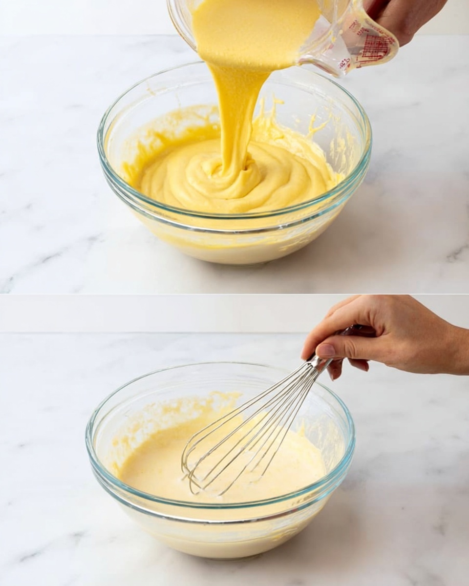 Two glass mixing bowls on a white marbled surface are shown in two steps of the cooking process. The first bowl is filled with a thick, smooth yellow batter dripping from a woman's hand holding the bowl. The batter looks creamy and dense. In the second bowl, a whisk is inside a lighter yellow mixture being mixed while a clear measuring cup pours a pale liquid into the bowl. A woman's hand is holding the whisk and the measuring cup, and the bowl sits steadily on the white marbled surface. Photo taken with an iphone --ar 4:5 --v 7