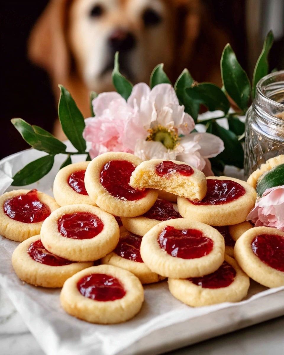 A tray lined with white parchment paper holds about eighteen round thumbprint cookies with golden edges and a smooth, glossy red jam filling in the center of each. The cookies are arranged close together with some cookies stacked gently on top of each other, showing a soft texture and a couple with bites taken out, revealing a light, crumbly inside. Sprigs of green leaves with soft pink and white flowers are placed among the cookies, adding a fresh and delicate touch. In the blurred background, a brown dog looks at the tray, creating a cozy atmosphere. The tray rests on a white marbled surface. photo taken with an iphone --ar 4:5 --v 7
