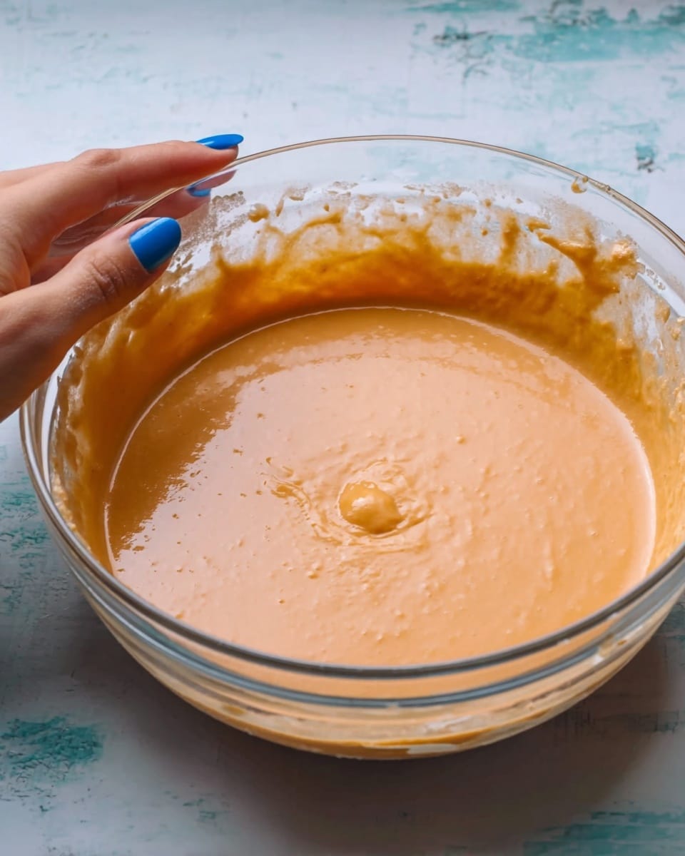 A clear glass bowl filled with smooth, light orange batter with a slightly shiny surface and a small bubble in the center. The bowl is set on a white marbled surface. A woman's hand with painted nails in blue gently touches the rim of the bowl, which has some batter stains around the inside upper edge. photo taken with an iphone --ar 4:5 --v 7